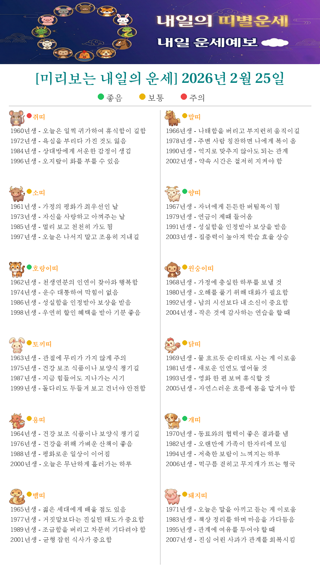 퇴근길 미리보는 내일의 띠별운세(2026.02.25)