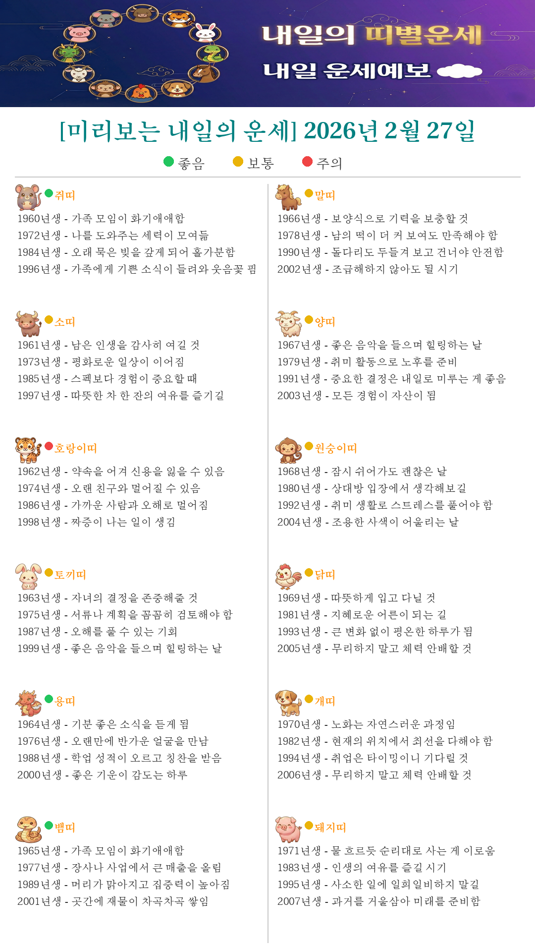 퇴근길 미리보는 내일의 띠별운세(2026.02.27)