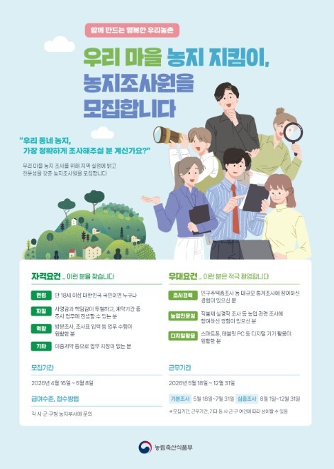 농식품부, 우리 마을 농지지킴이 농지 전수조사 조사원 모집