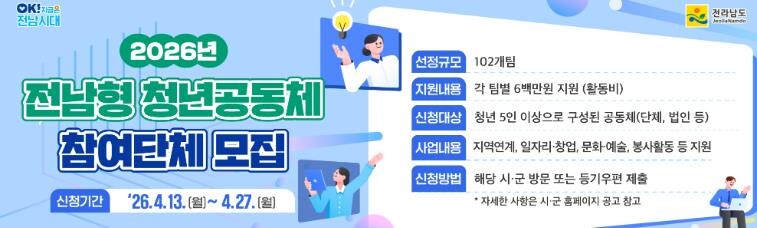 ‘전남형 청년공동체 활성화 사업’ 참여하세요