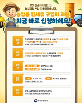 전남도, 농업용 면세유 구입비 지원 신청하세요